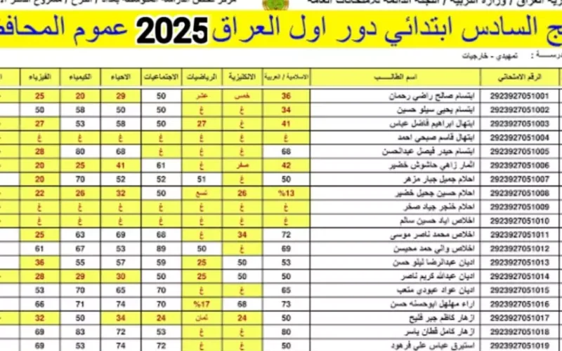 موقع نتائجنا.. نتائج السادس الابتدائي الدور الأول 2025 العراق pdf بالرقم الامتحاني عبر موقع وزارة التربية العراقية